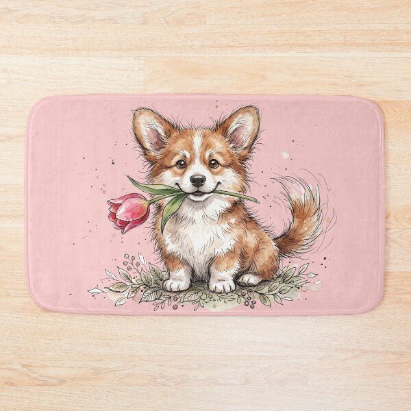 Artikelvorschau, Niedlicher Corgi-Welpe mit rosa Tulpe in Aquarelltechnik entworfen und verkauft von BreezifyDesignStudio.
