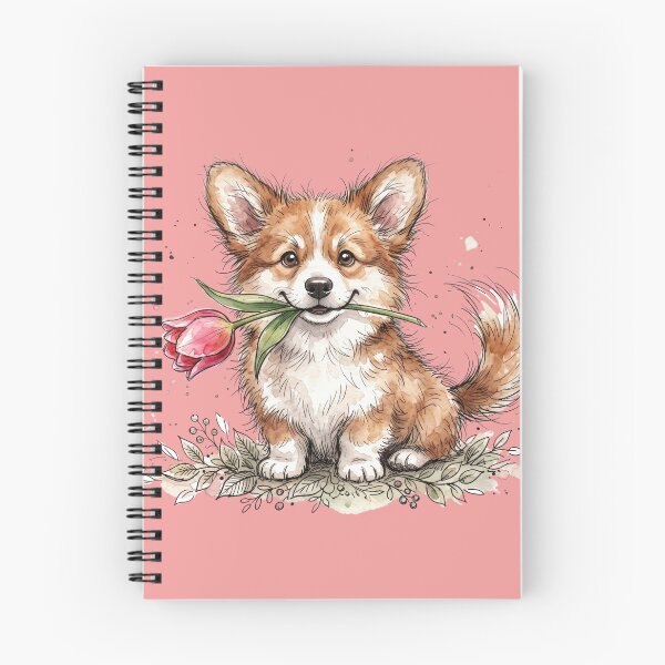Artikelvorschau, Niedlicher Corgi-Welpe mit rosa Tulpe in Aquarelltechnik entworfen und verkauft von BreezifyDesignStudio.