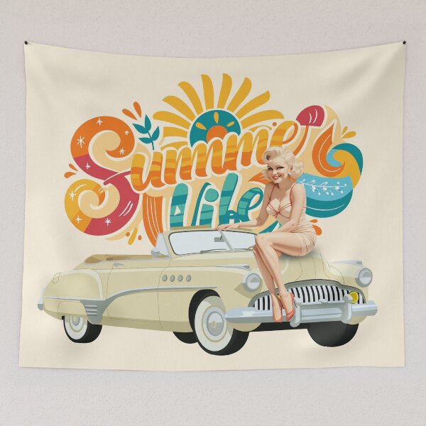 Item preview, Summer Life Retro Pinup Girl Convertible Car Graphic designed and sold by SilverSeaBKK.