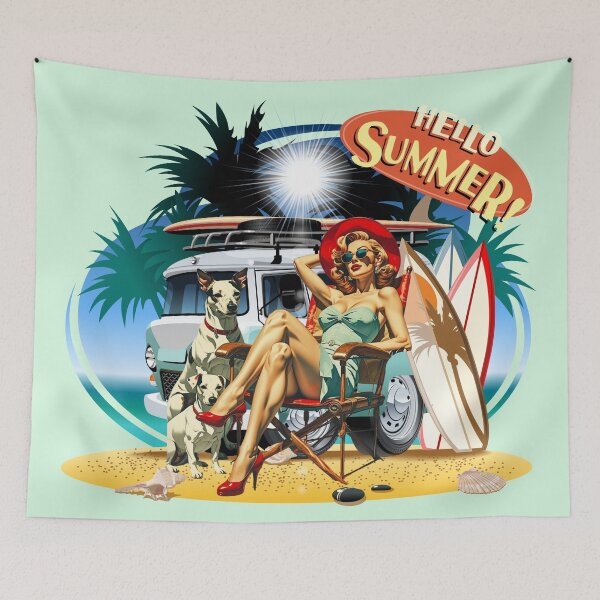 Item preview, Vintage Pinup Summer Beach Camper Van Graphic Art designed and sold by SilverSeaBKK.