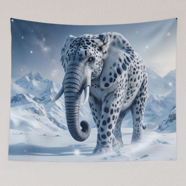 Item preview, Mystical Snow Leopard Elephant In Frozen Arctic Fantasy Landscape designed and sold by DreamyWallVibes.