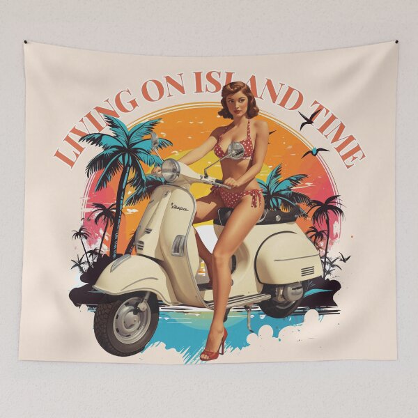Item preview, Vintage Scooter Pinup Girl Island Time Tropical Sunset designed and sold by SilverSeaBKK.