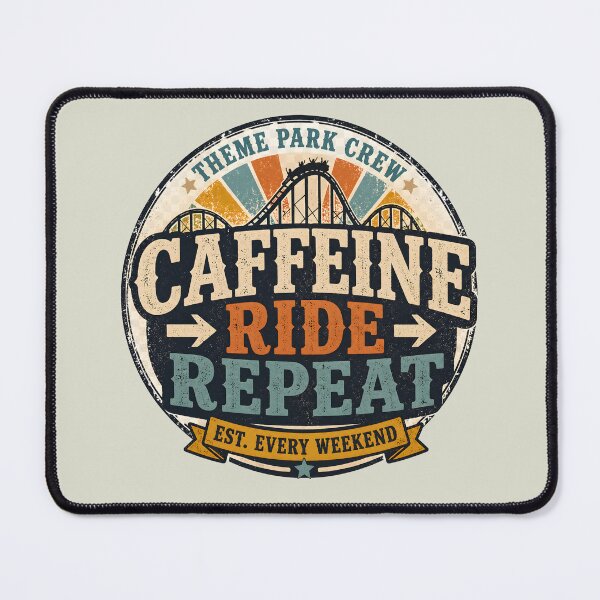 Item preview, Theme Park Crew – Caffeine Ride Repeat Retro Coaster Badge designed and sold by Coaster Culture Industries.