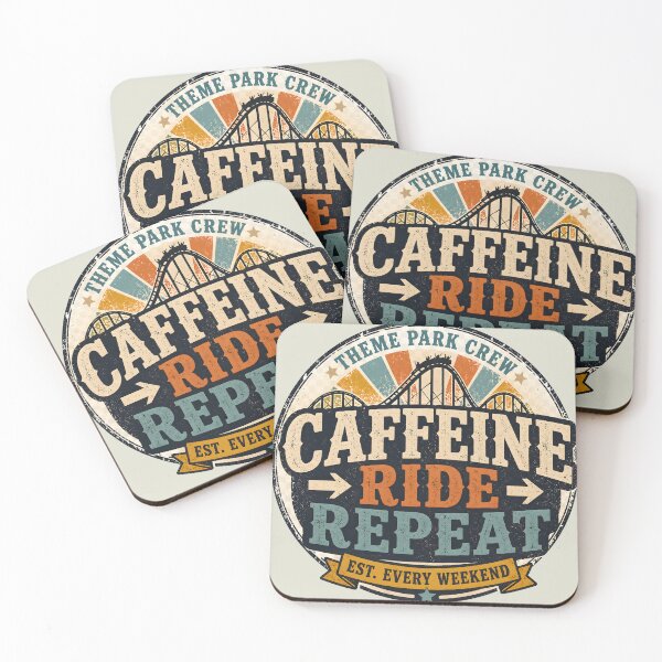 Item preview, Theme Park Crew – Caffeine Ride Repeat Retro Coaster Badge designed and sold by Coaster Culture Industries.
