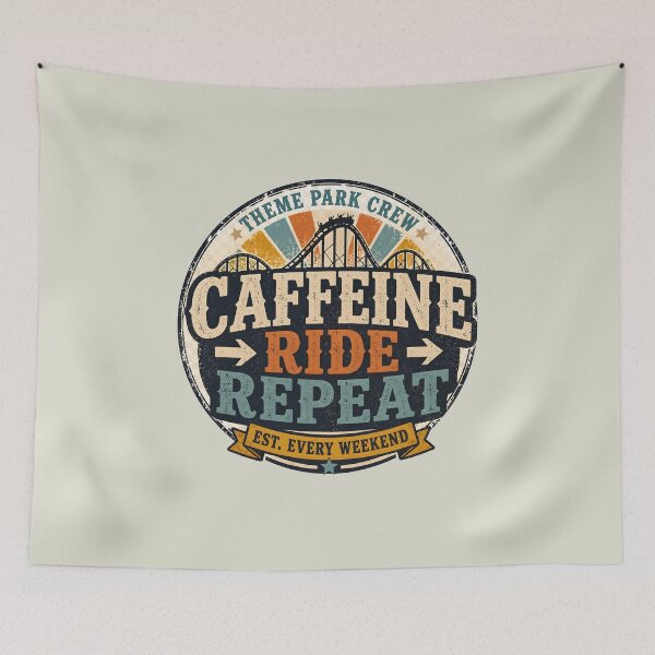 Item preview, Theme Park Crew – Caffeine Ride Repeat Retro Coaster Badge designed and sold by Coaster Culture Industries.