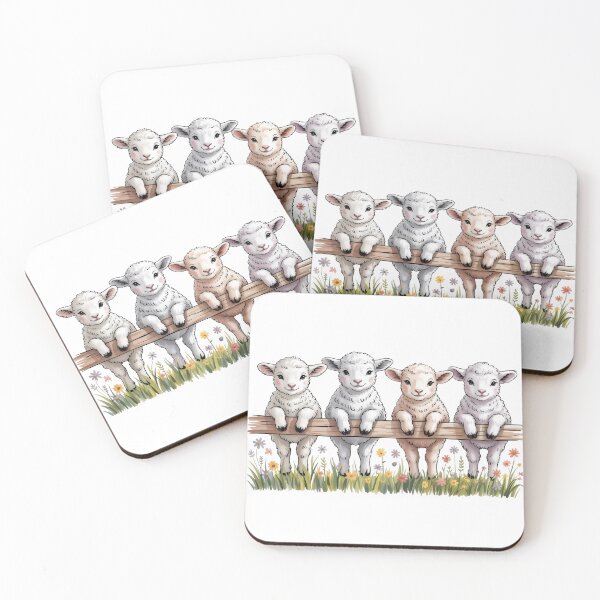 Item preview, Whimsical Four Little Lambs Art - Cute Baby Sheep on Wooden Fence Farmhouse Illustration designed and sold by Picasfarmer.