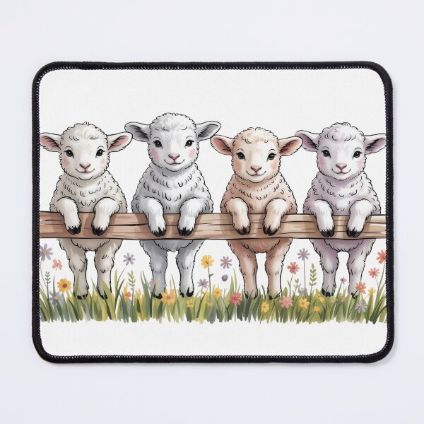 Item preview, Whimsical Four Little Lambs Art - Cute Baby Sheep on Wooden Fence Farmhouse Illustration designed and sold by Picasfarmer.