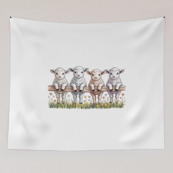 Item preview, Whimsical Four Little Lambs Art - Cute Baby Sheep on Wooden Fence Farmhouse Illustration designed and sold by Picasfarmer.