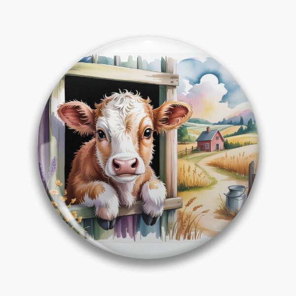 Item preview, Whimsical Watercolor Baby Cow at Barn Window Art - Cute Countryside Landscape Design designed and sold by Picasfarmer.