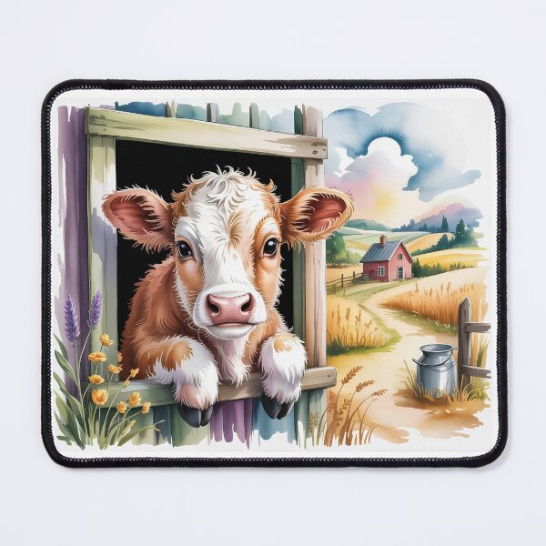 Item preview, Whimsical Watercolor Baby Cow at Barn Window Art - Cute Countryside Landscape Design designed and sold by Picasfarmer.