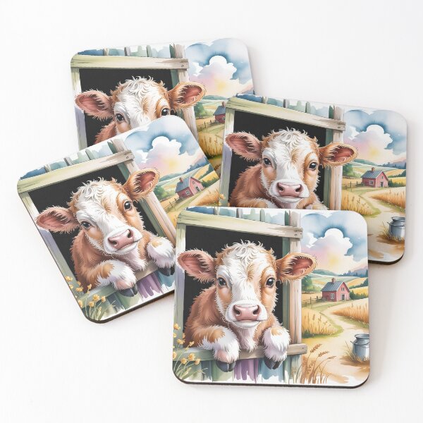Item preview, Whimsical Watercolor Baby Cow at Barn Window Art - Cute Countryside Landscape Design designed and sold by Picasfarmer.