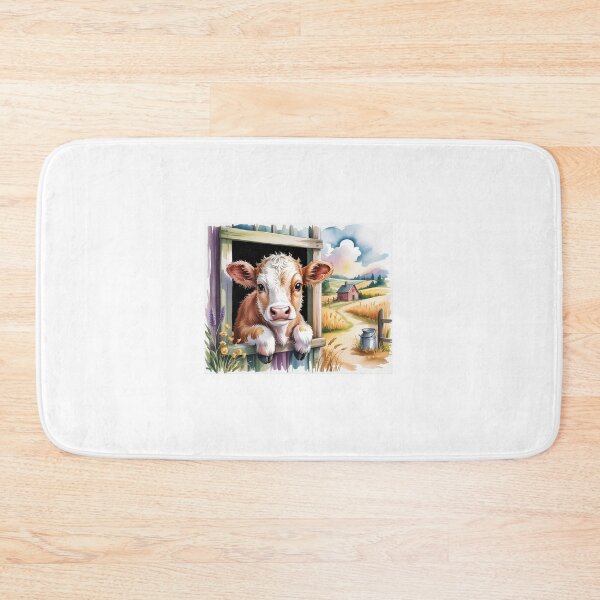Item preview, Whimsical Watercolor Baby Cow at Barn Window Art - Cute Countryside Landscape Design designed and sold by Picasfarmer.