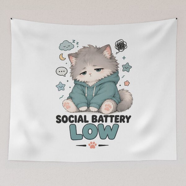 Item preview, Social Battery Low Cute Tired Cat Sticker designed and sold by MoodCats.