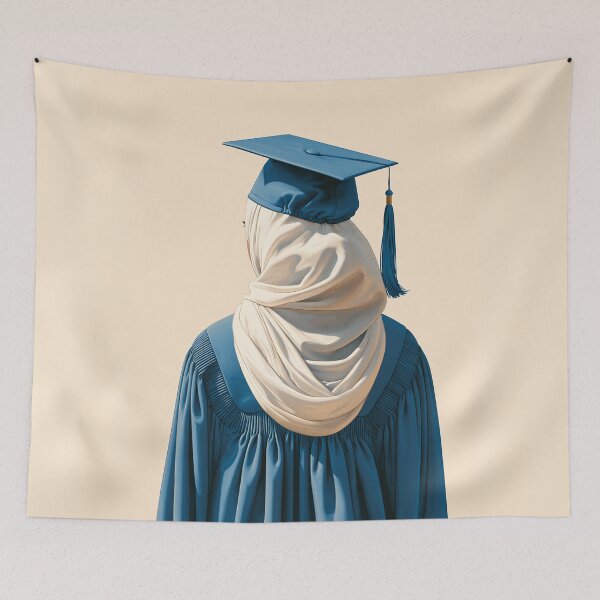 Item preview, Elegant Graduate in Hijab Blue Cap & Gown Illustration  designed and sold by junkydotcom.