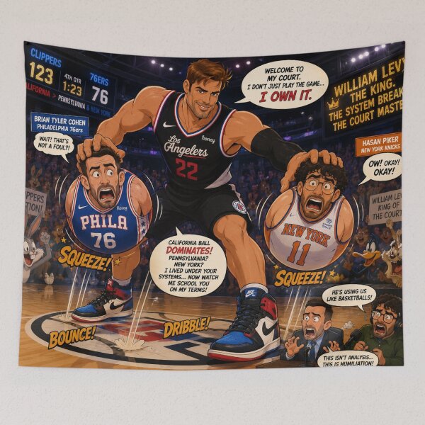 Item preview, Cartoon Basketball Showdown: William Levy vs. Brian Tyler Cohen and Hasan Piker designed and sold by Uniqueartai.