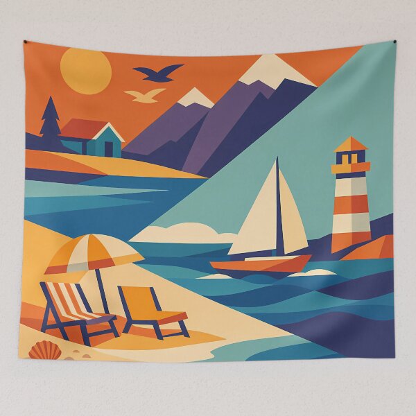 Item preview, Minimal Coastal Yacht and Lighthouse Scene designed and sold by InkSmithery.