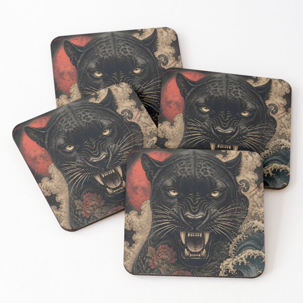 Item preview, Black Panther Red Moon Japanese Art | Ukiyo-e Panther Peony Wave Print designed and sold by 3T3rnalArts.