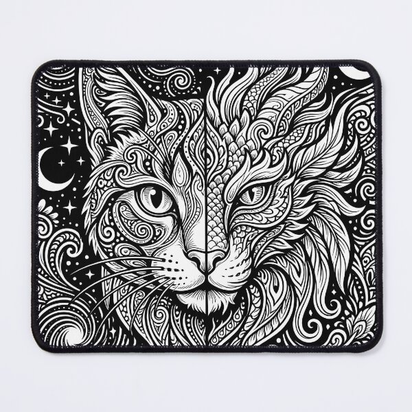 Item preview, Dual Nature - Mystic Cat and Dragon Hybrid Psychedelic Line Art designed and sold by KINKDesign.