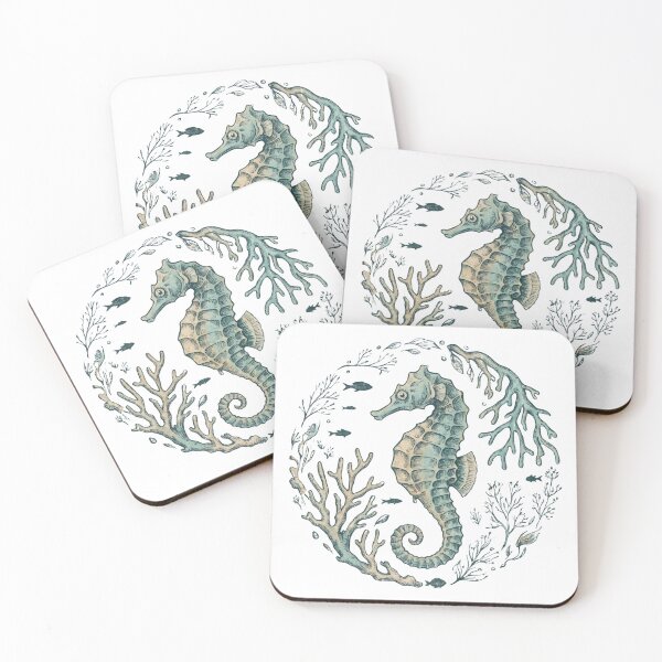 Item preview, Seahorse with Coral and Seaweed — Ocean Botanical Illustration designed and sold by Ortsas.