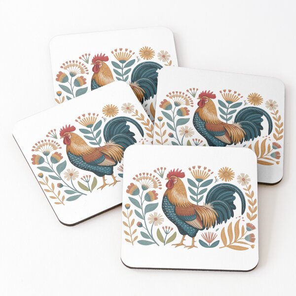 Item preview, Elegant Rooster Folk Art Illustration - Whimsical Scandinavian Barnyard Floral Design designed and sold by Picasfarmer.