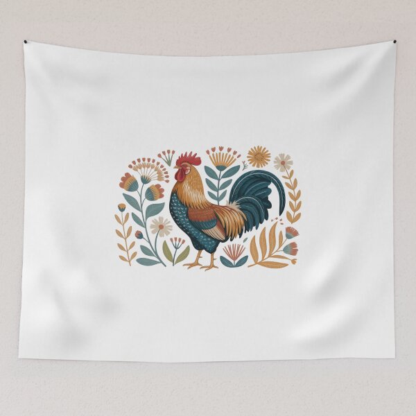 Item preview, Elegant Rooster Folk Art Illustration - Whimsical Scandinavian Barnyard Floral Design designed and sold by Picasfarmer.