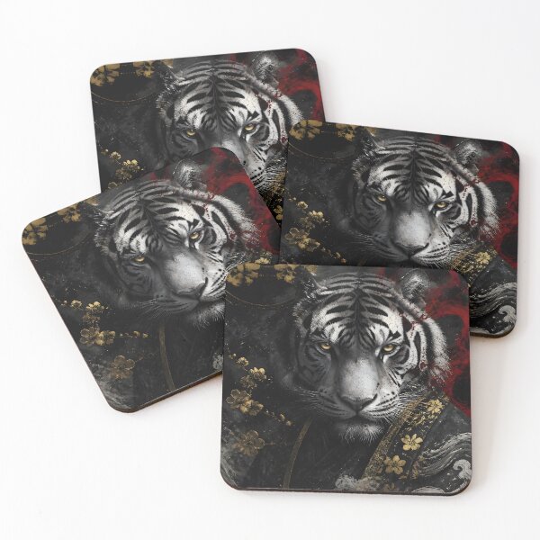 Item preview, White Tiger Japanese Samurai Art | Gold Pagoda Dark Tiger Print designed and sold by 3T3rnalArts.