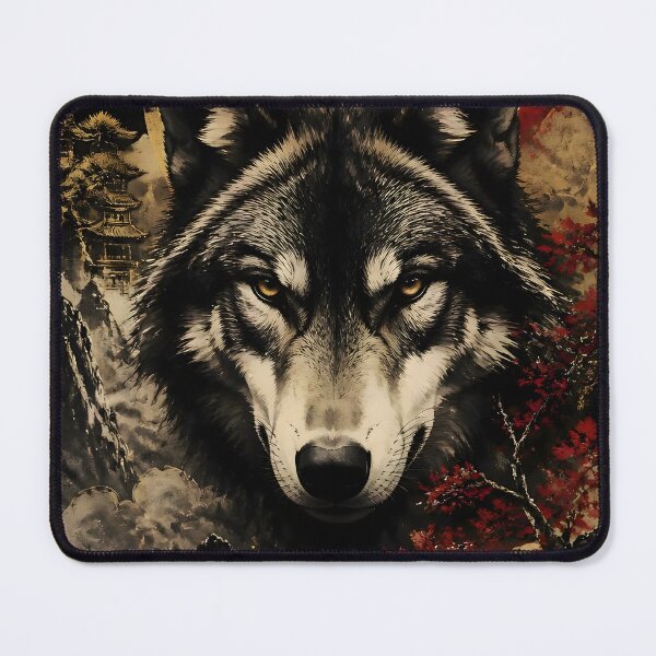 Item preview, Wolf Gold Moon Japanese Pagoda Art | Dark Red Forest Wolf Print designed and sold by 3T3rnalArts.