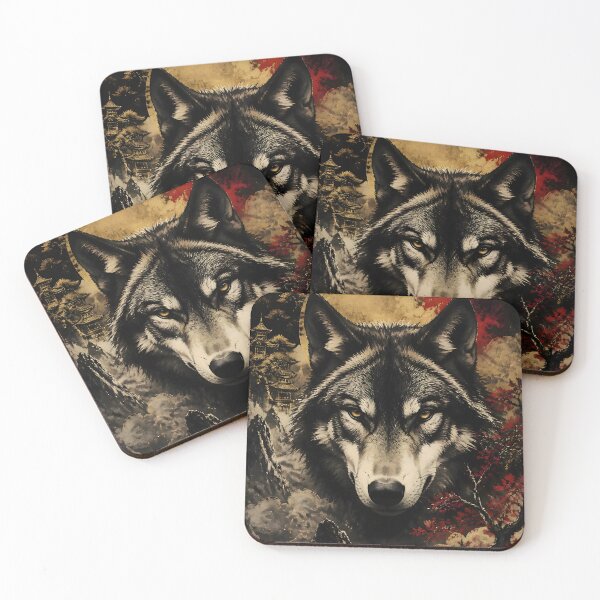 Item preview, Wolf Gold Moon Japanese Pagoda Art | Dark Red Forest Wolf Print designed and sold by 3T3rnalArts.