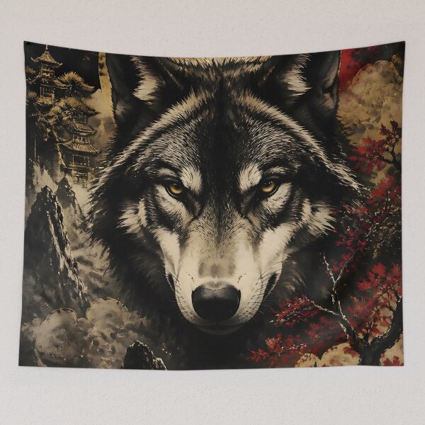 Item preview, Wolf Gold Moon Japanese Pagoda Art | Dark Red Forest Wolf Print designed and sold by 3T3rnalArts.