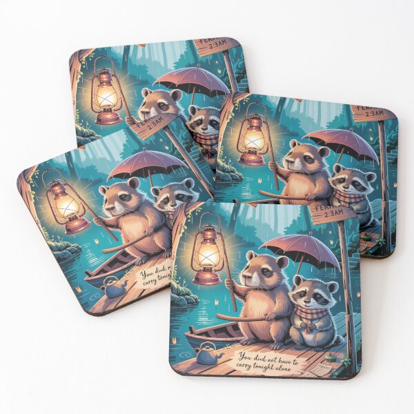 Item preview, Cute Capybara Ferry Art | Cozy Rainy Woodland Fantasy Illustration designed and sold by Soft Lantern Woods.