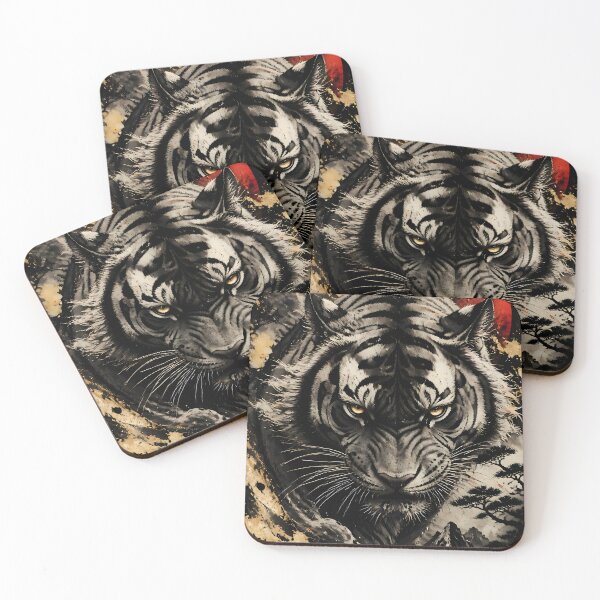 Item preview, White Tiger Red Moon Mountain Gold Art | Japanese Ink Tiger Landscape Print designed and sold by 3T3rnalArts.