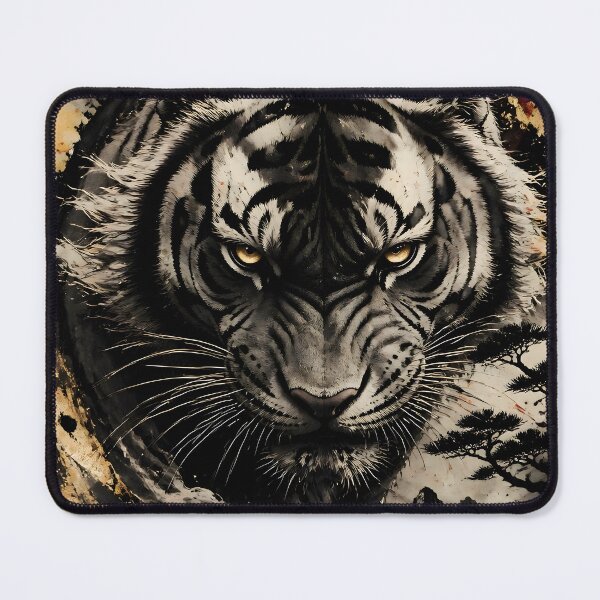 Item preview, White Tiger Red Moon Mountain Gold Art | Japanese Ink Tiger Landscape Print designed and sold by 3T3rnalArts.