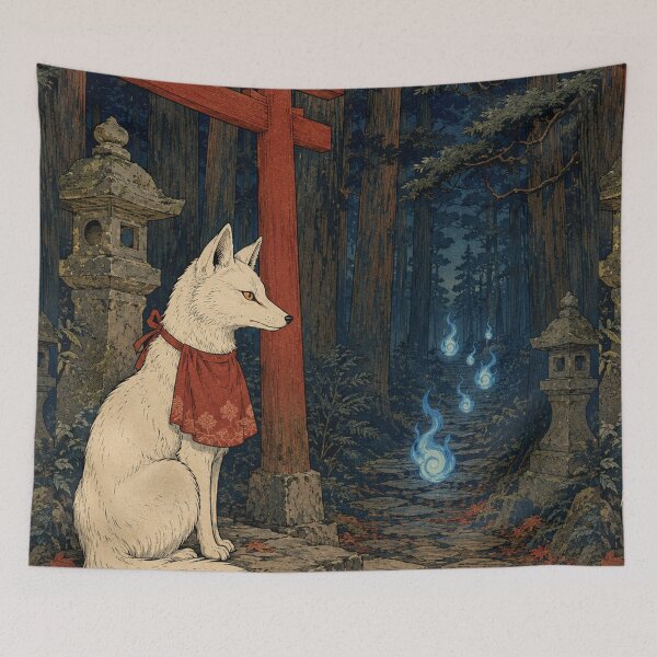 Item preview, Silver Fox Shrine - Vintage Japanese Animal Ukiyo-e Art designed and sold by bapupa.