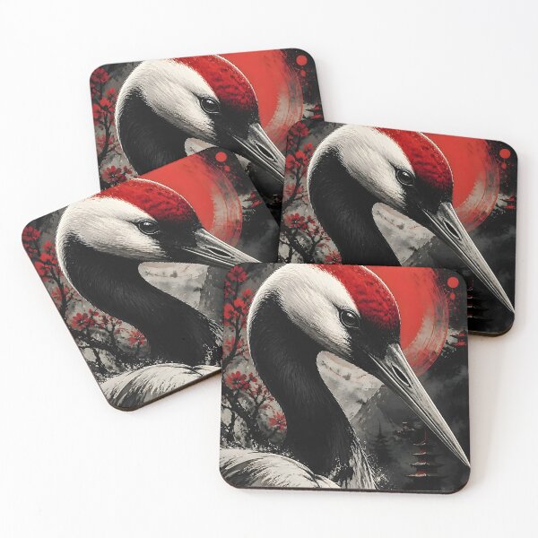 Item preview, Red Crowned Crane Japanese Ink Art | Red Sun Pagoda Dark Crane Print designed and sold by 3T3rnalArts.