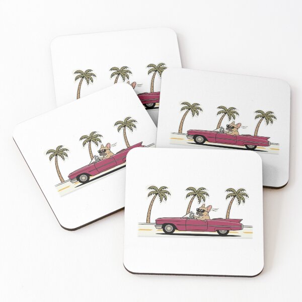 Item preview, French Bulldog Driving Pink Convertible Cadillac Cartoon Art designed and sold by Lunevalleyart.