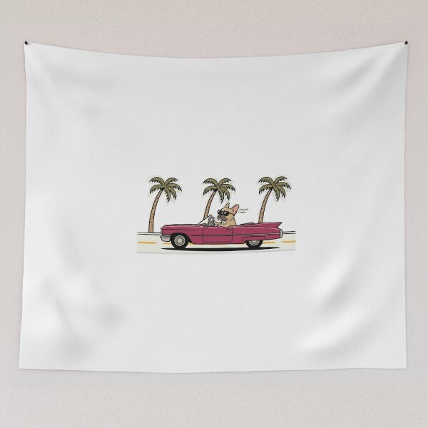 Item preview, French Bulldog Driving Pink Convertible Cadillac Cartoon Art designed and sold by Lunevalleyart.