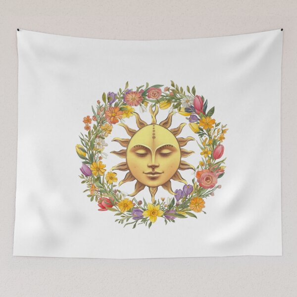 Item preview, Celestial Sun Face Floral Wreath Vintage Boho Art designed and sold by Lunevalleyart.