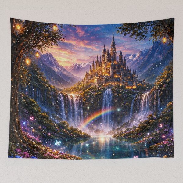 Item preview, Fantasy Castle Waterfall Paradise | Enchanted Fairycore Landscape Art designed and sold by DrakariArt.