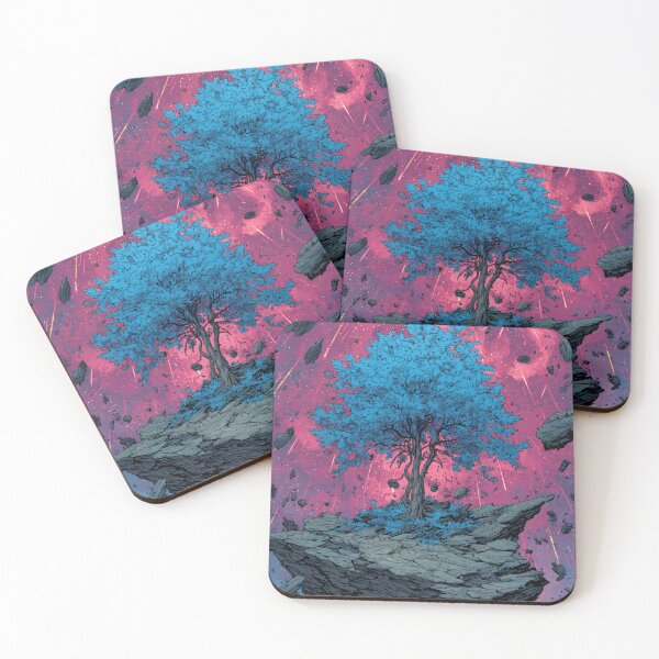Item preview, cosmic fantasy tree on floating island with pink galaxy sky and meteor shower designed and sold by JackrabbitPub.