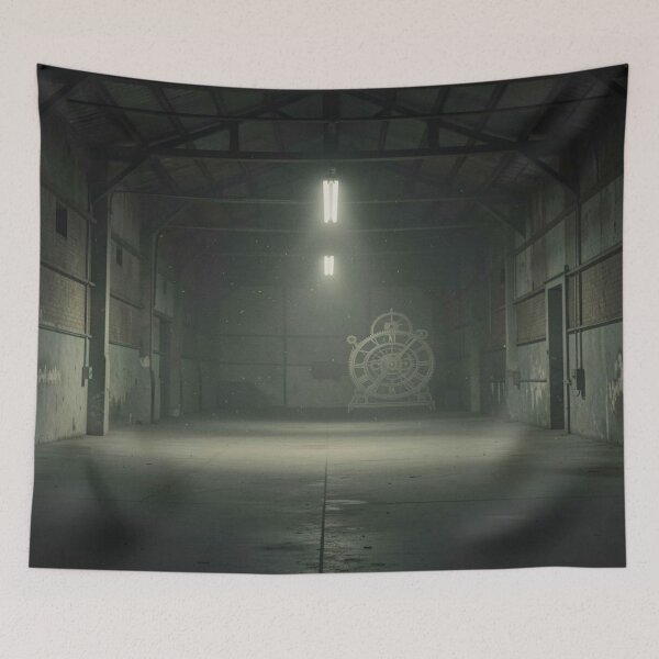 Item preview, Abandoned industrial hall with cold lights and a mysterious clock symbol in the shadows designed and sold by FotoworldEdel.