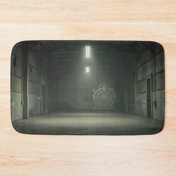 Item preview, Abandoned industrial hall with cold lights and a mysterious clock symbol in the shadows designed and sold by FotoworldEdel.