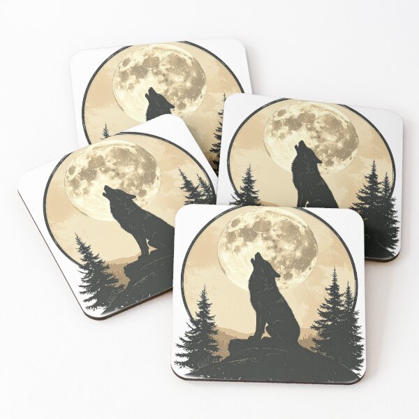 Item preview, Wolf howling full moon pine forest wilderness night silhouette art poster designed and sold by icemanphotos.