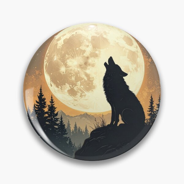 Item preview, Wolf howling harvest moon amber night pine forest mountain wilderness art poster designed and sold by icemanphotos.