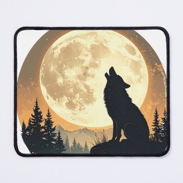 Item preview, Wolf howling harvest moon amber night pine forest mountain wilderness art poster designed and sold by icemanphotos.