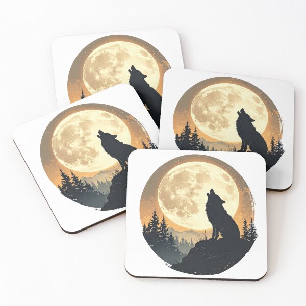 Item preview, Wolf howling harvest moon amber night pine forest mountain wilderness art poster designed and sold by icemanphotos.