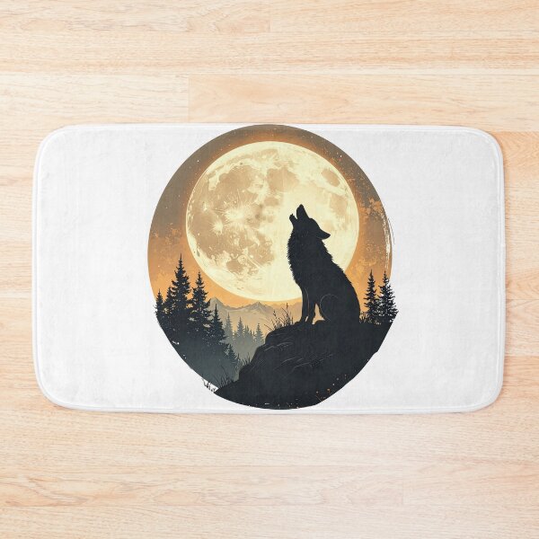 Item preview, Wolf howling harvest moon amber night pine forest mountain wilderness art poster designed and sold by icemanphotos.