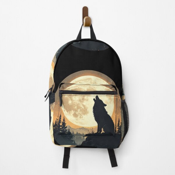 Item preview, Wolf howling harvest moon amber night pine forest mountain wilderness art poster designed and sold by icemanphotos.