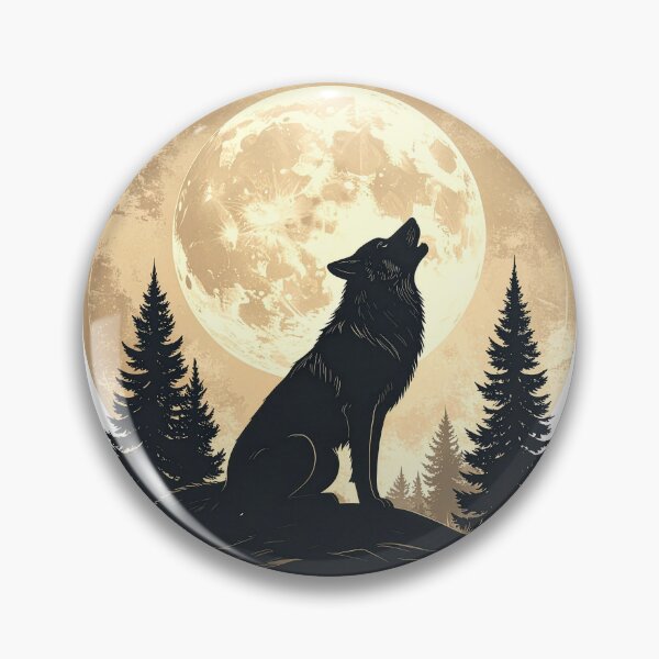 Item preview, Wolf howling full moon vintage pine forest golden night wilderness art poster designed and sold by icemanphotos.