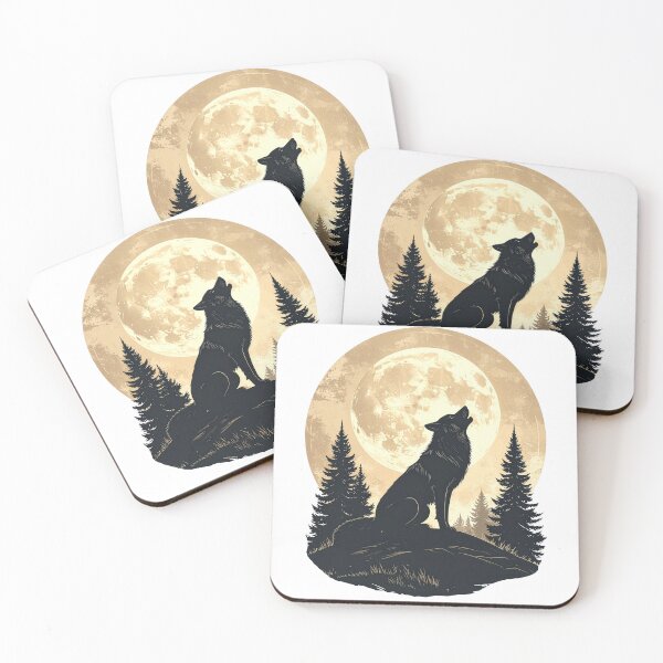 Item preview, Wolf howling full moon vintage pine forest golden night wilderness art poster designed and sold by icemanphotos.