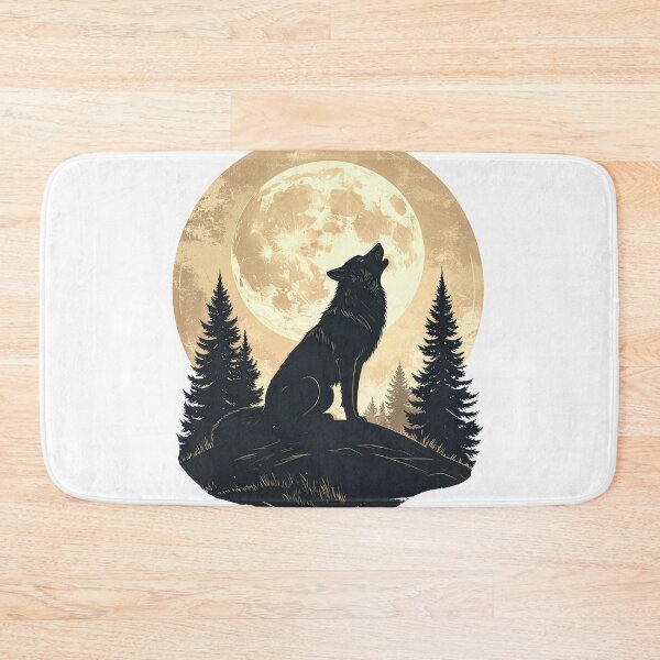 Item preview, Wolf howling full moon vintage pine forest golden night wilderness art poster designed and sold by icemanphotos.
